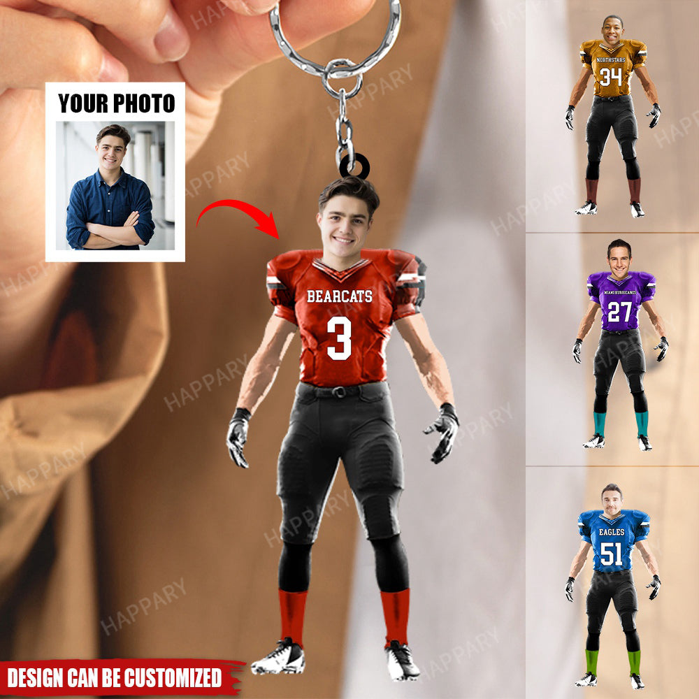 American Football Player Custom Photo Personalized Keychain - HAPPARY