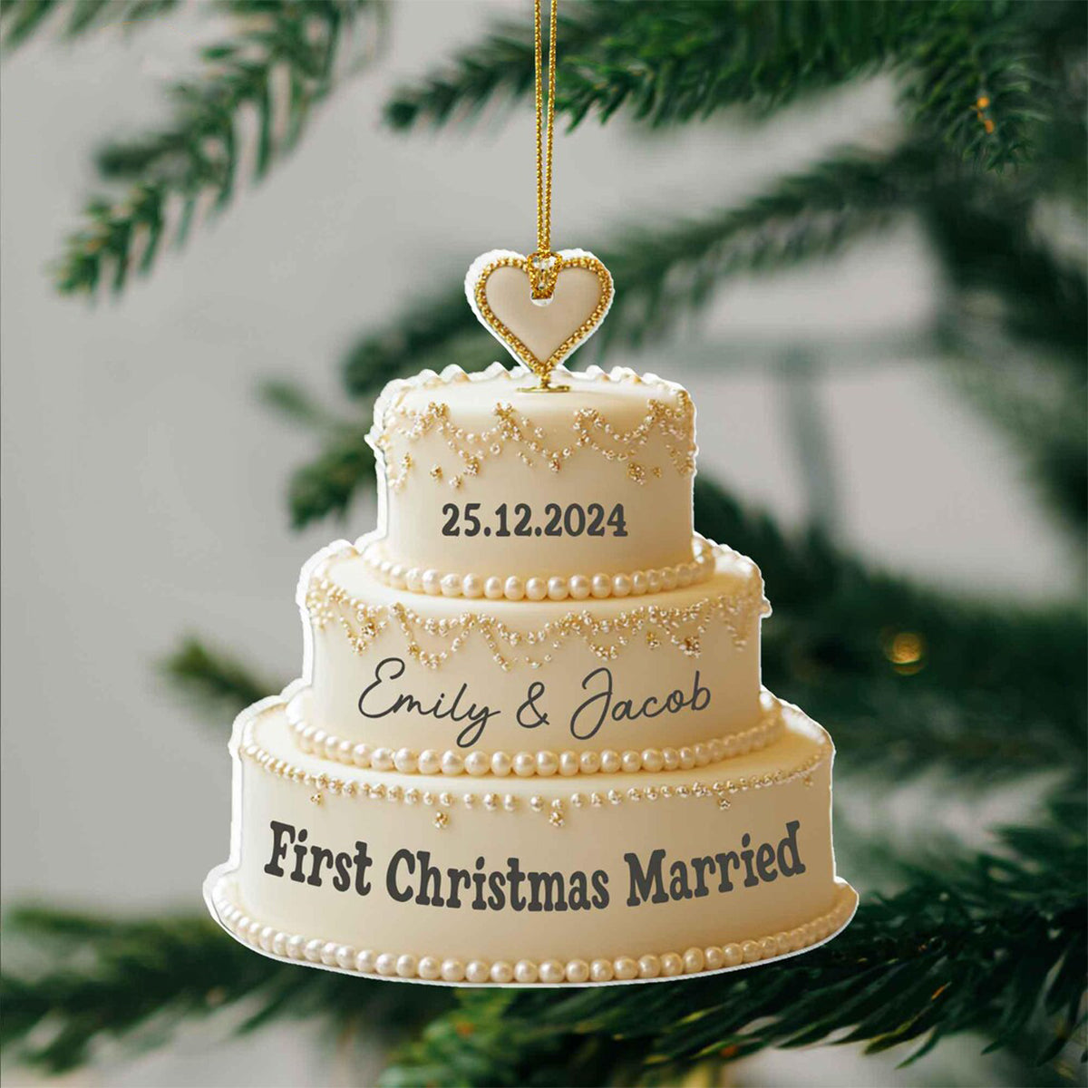 Wedding Cake Personalized Ornament, First Christmas Married Gift