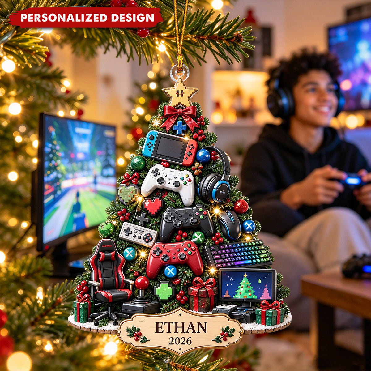 Custom Name Gamer Ornament, Gaming Christmas Tree Keepsake