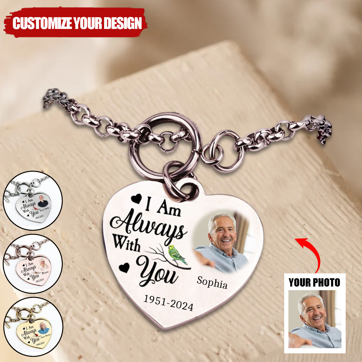 Memories - I Am Always With You - Personalized Photo Heart Bracelet
