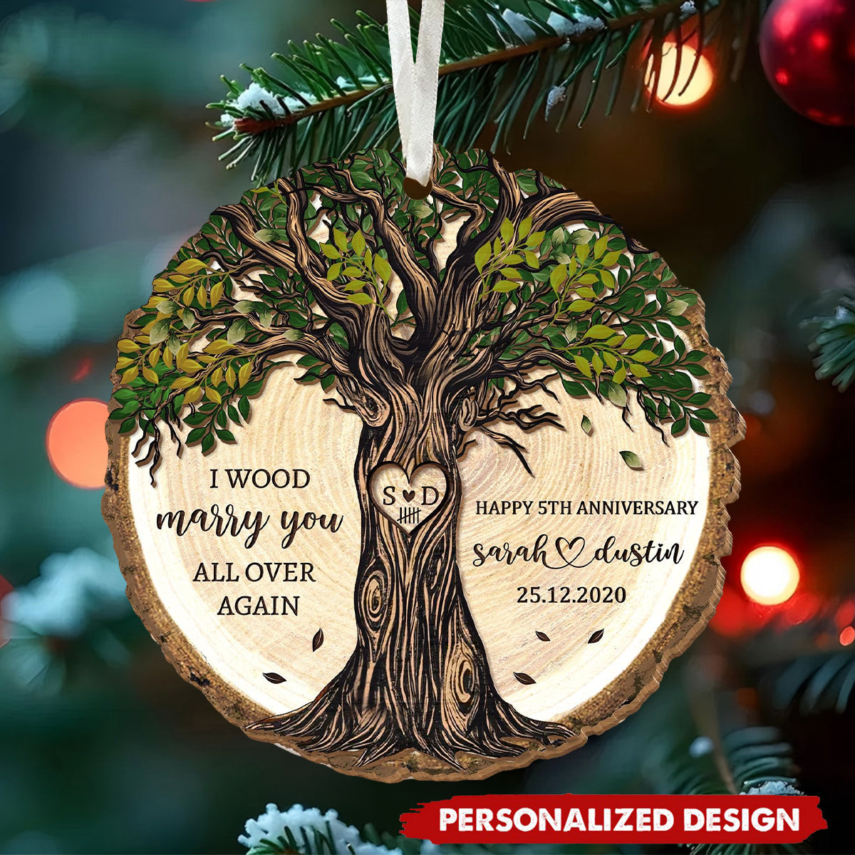 Personalized 5th Anniversary Wooden Ornament, Gift For Couples