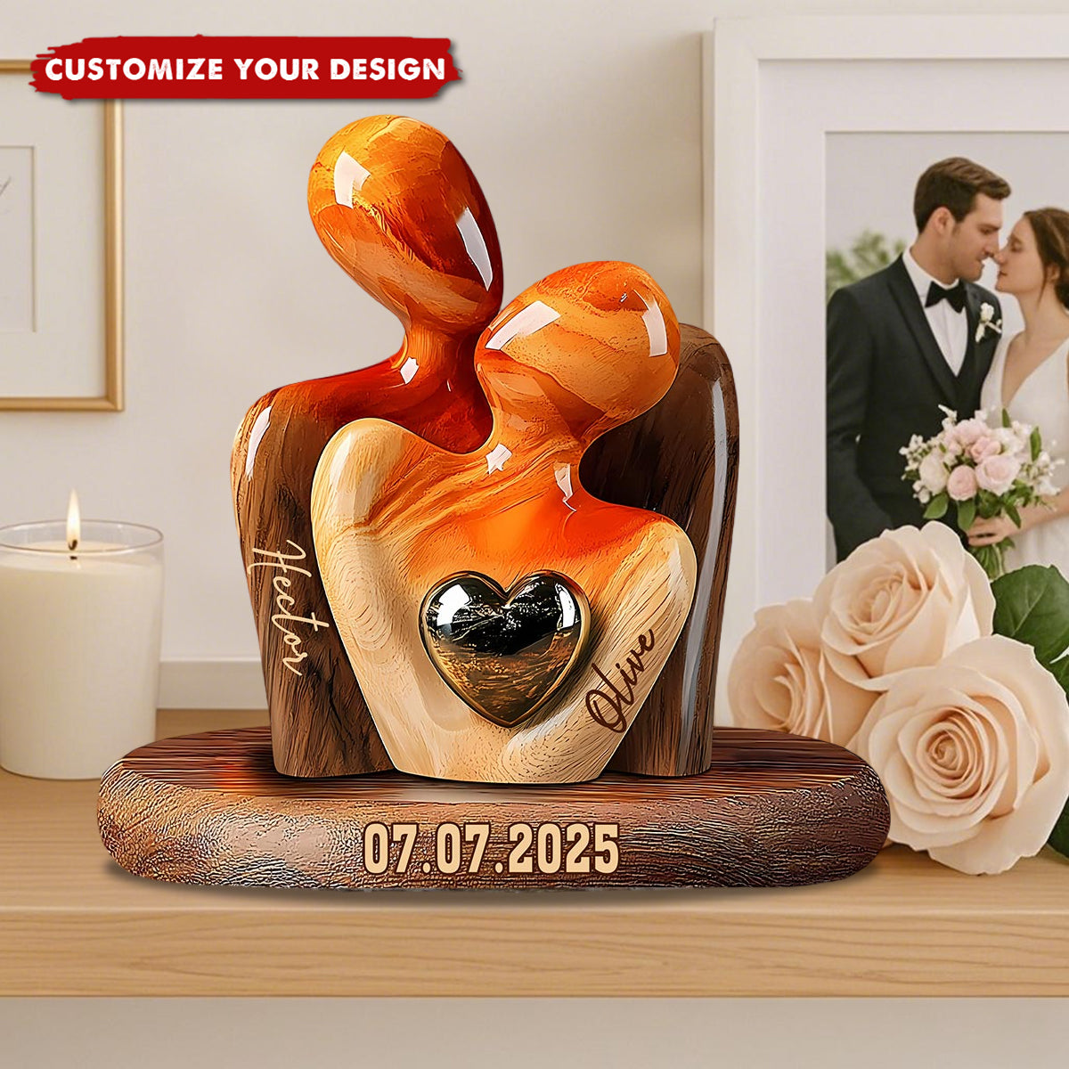 Elegant Couple Statue with Heart Inlay - Personalized Couple Plaque