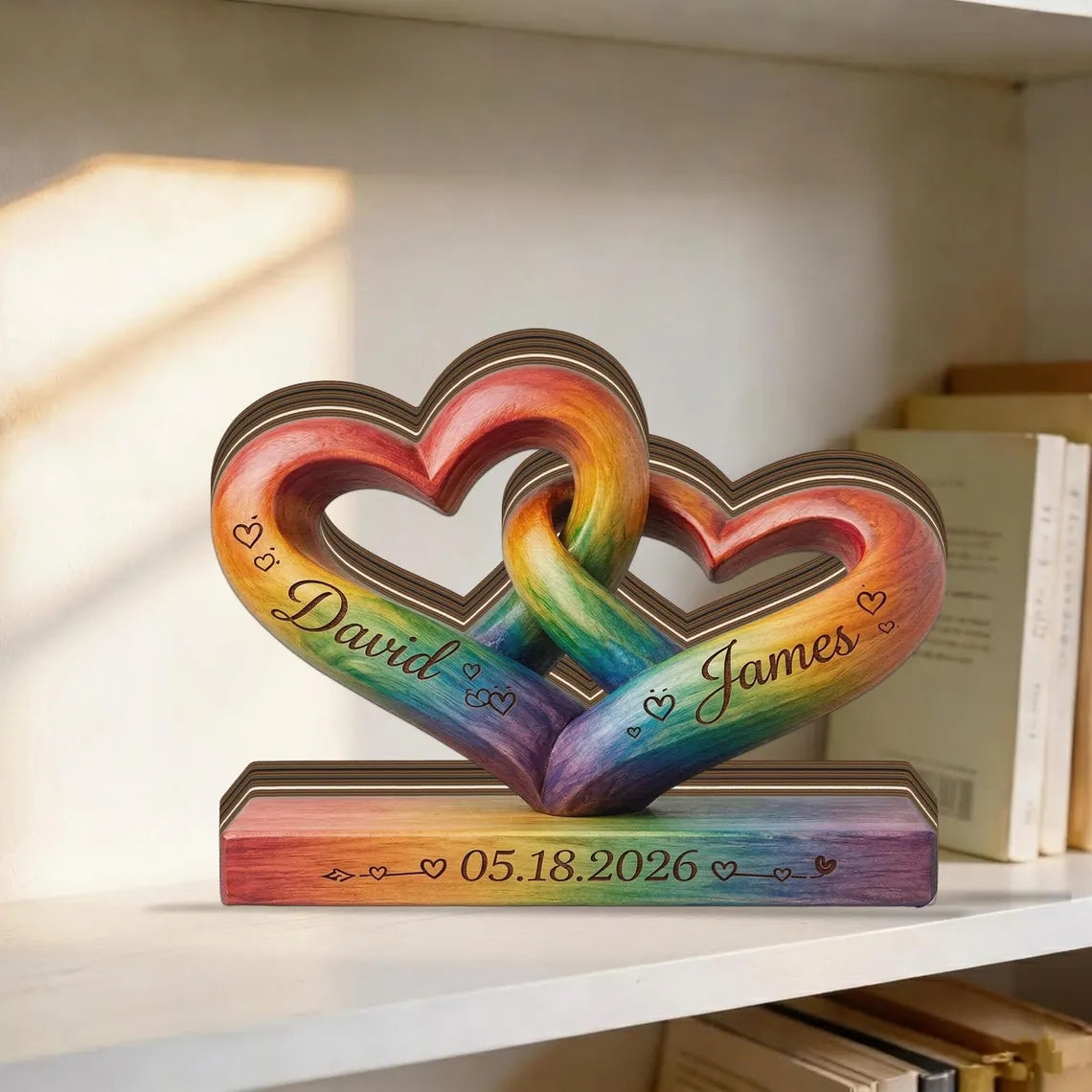 LGBTQ Pride Gift 2026, Personalized Interlocking Hearts, Rainbow Wood Decor