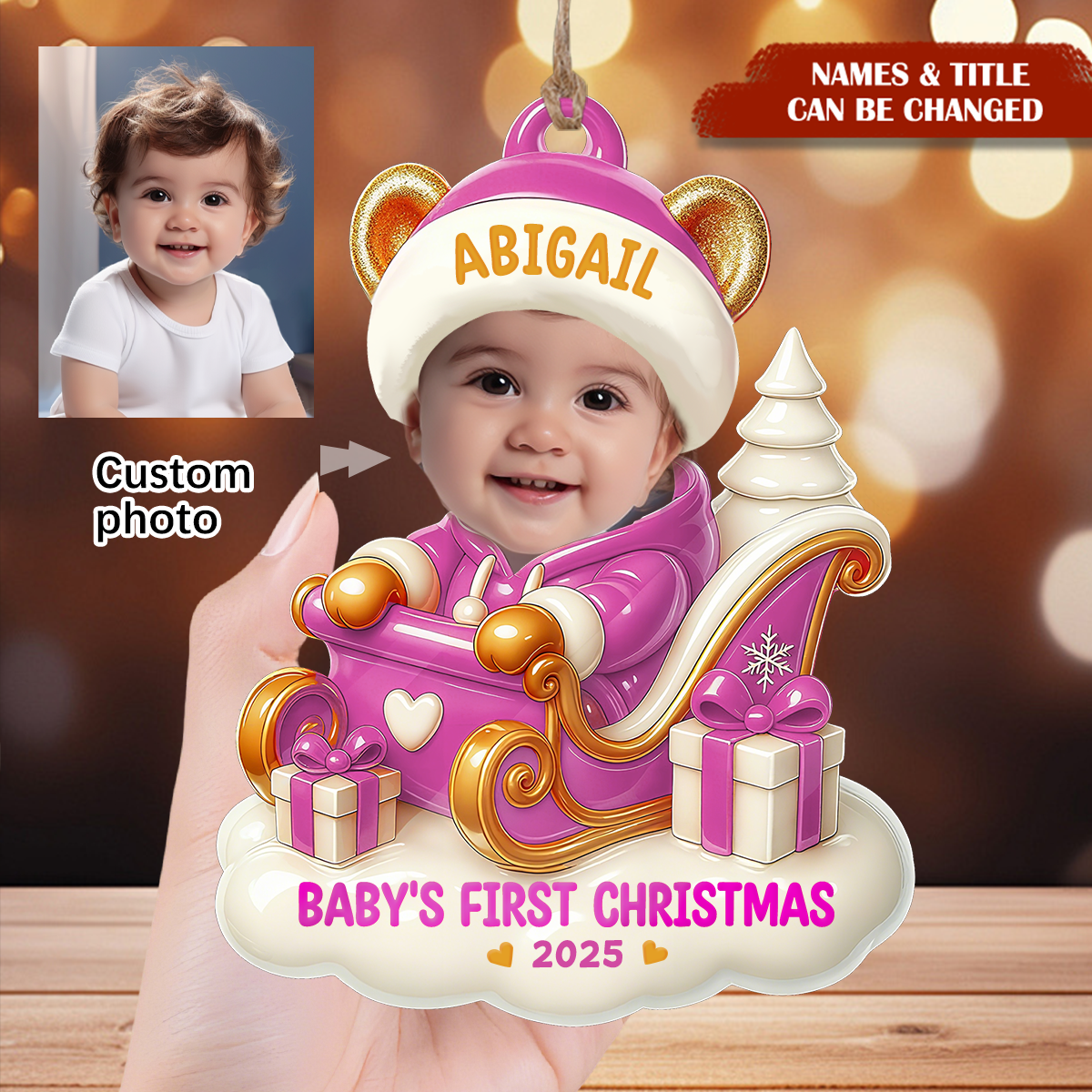 Personalized Baby's First Christmas Teddy Bear Sleigh Photo Ornament