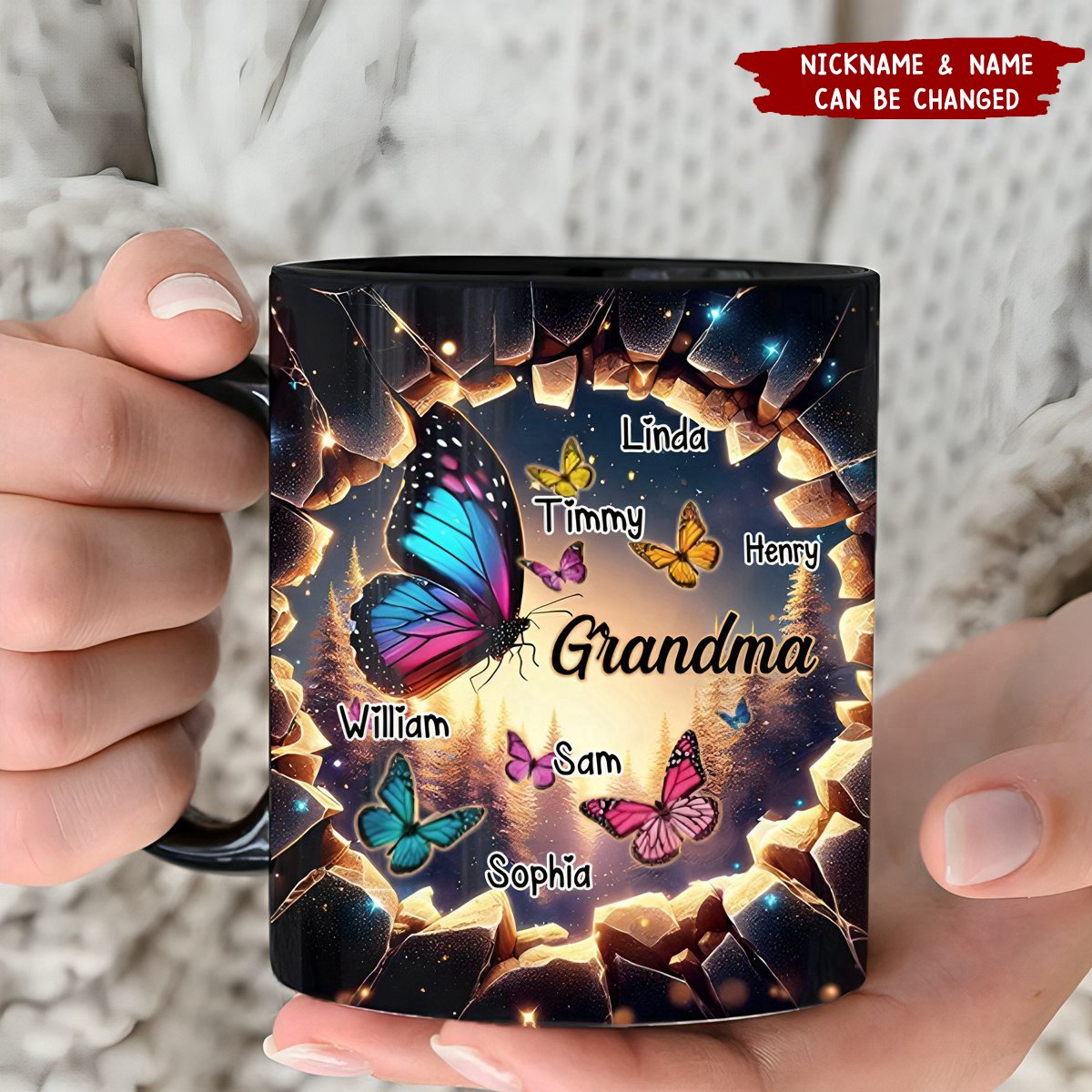 3D Effect Hole In A Wall Grandma With Butterfly Kids Personalized Black Mug
