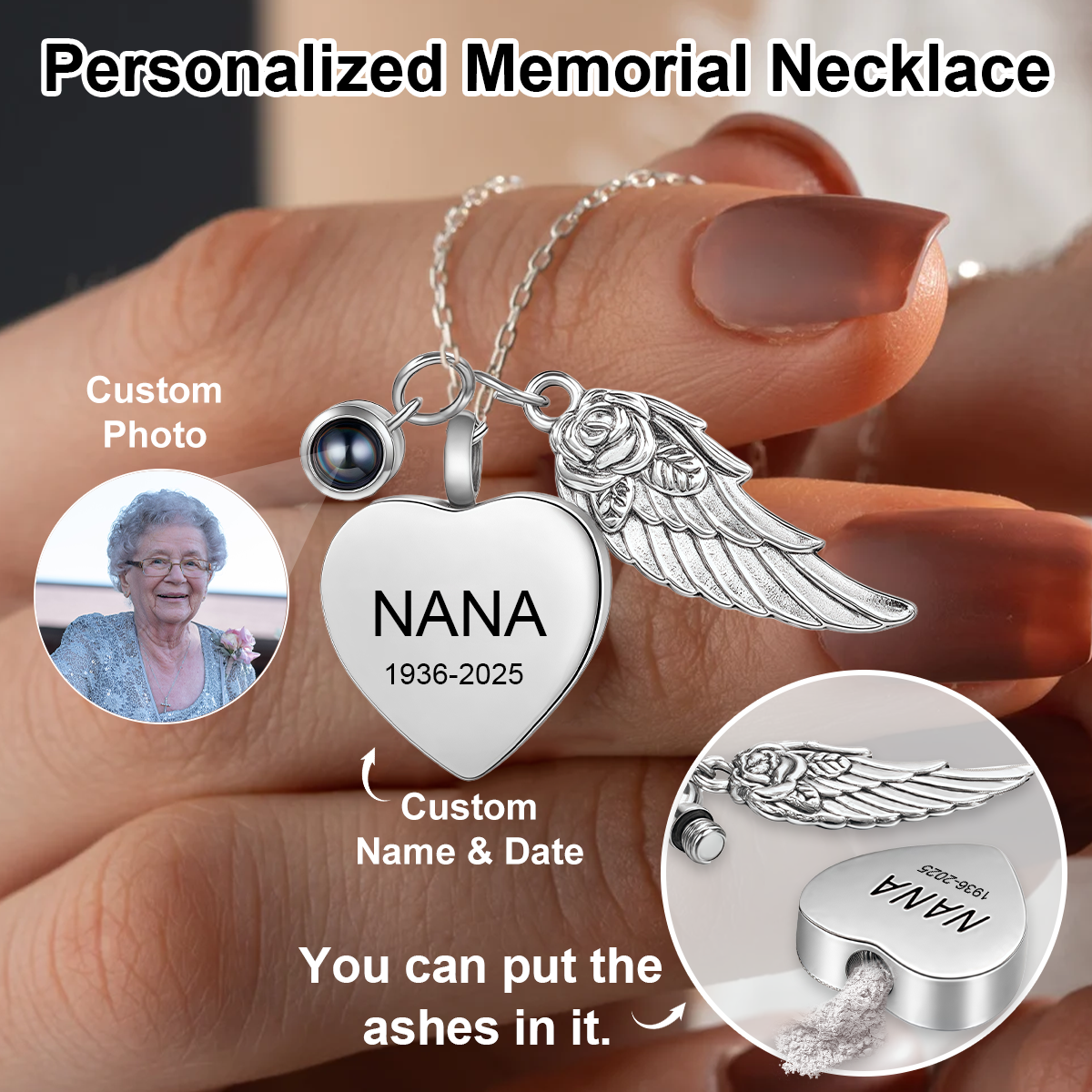 Personalized Memorial Heart Projection Necklace With Angel Wing