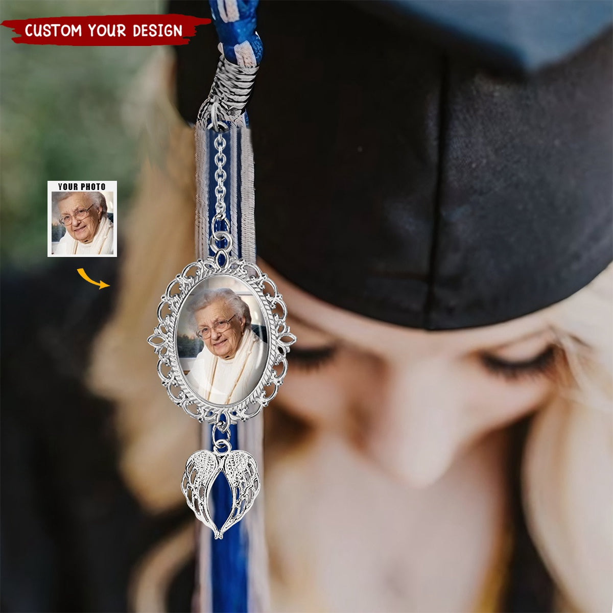 Personalized Graduation Tassel Photo Charm with Angel Wings
