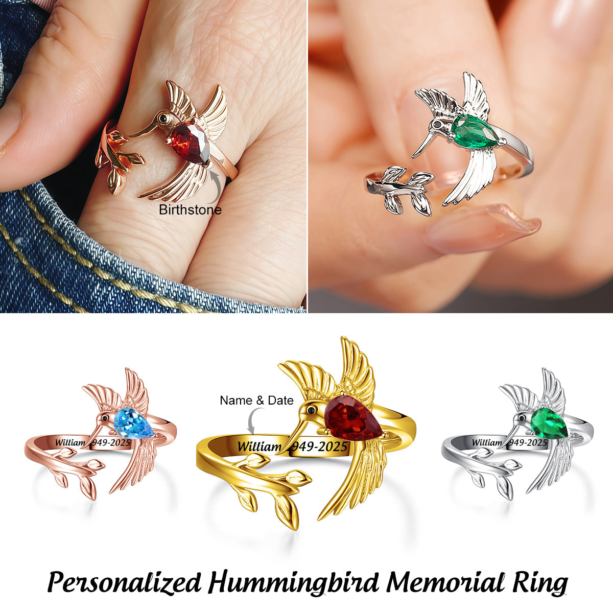 Personalized Hummingbird Memorial Engraved Birthstone Name Ring