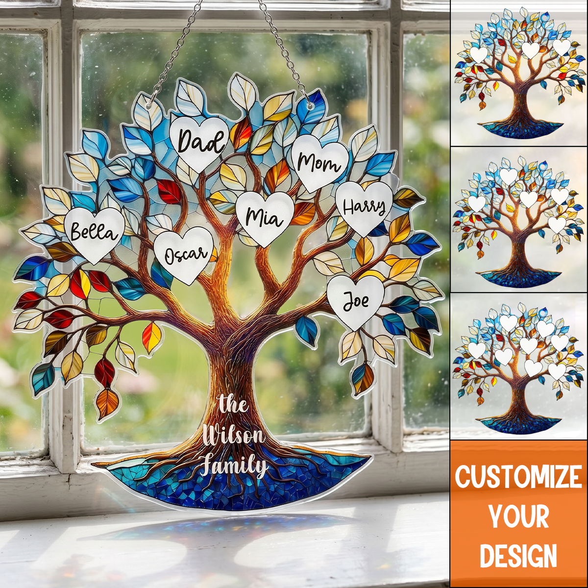 Personalized Family Tree Stained Glass Suncatcher – Custom Family Window Hanging Gift