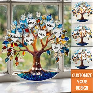 Personalized Family Tree Stained Glass Suncatcher – Custom Family Window Hanging Gift