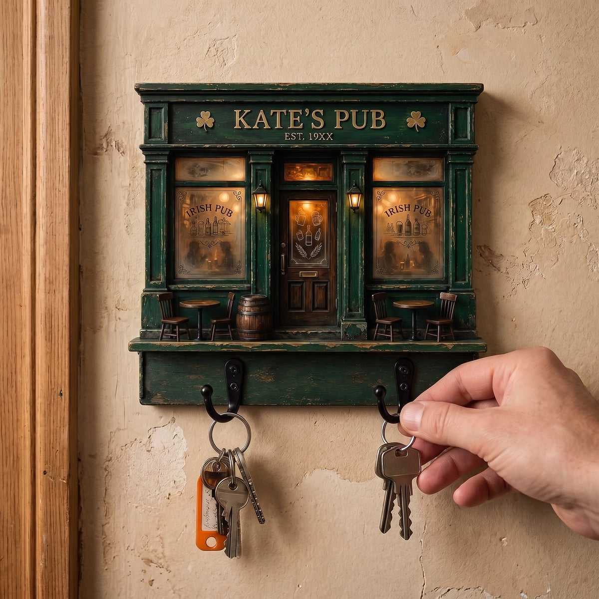 Personalized Irish Pub Wooden Block Key Holder