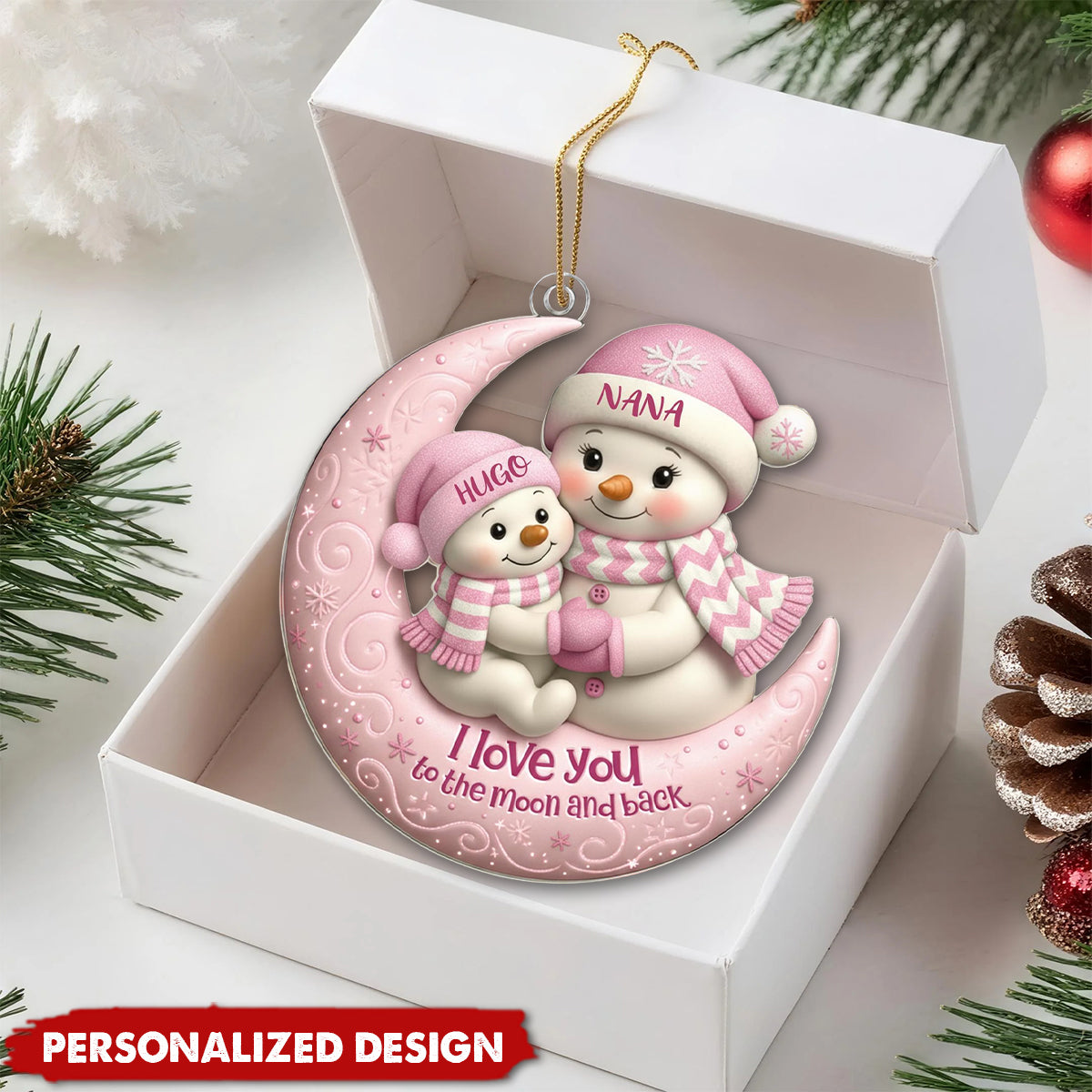 Personalized Snowman Moon Acrylic Ornament, Christmas Gift For Granddaughter, Grandson