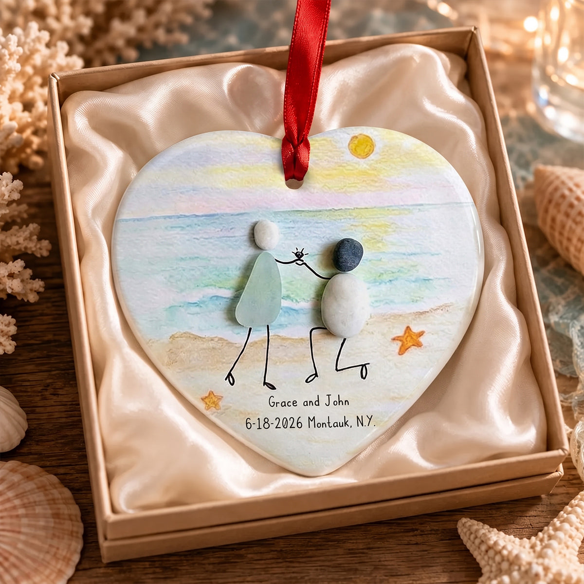 Personalized Sea Glass Pebble Engagement Ornament, Newlyweds Gift