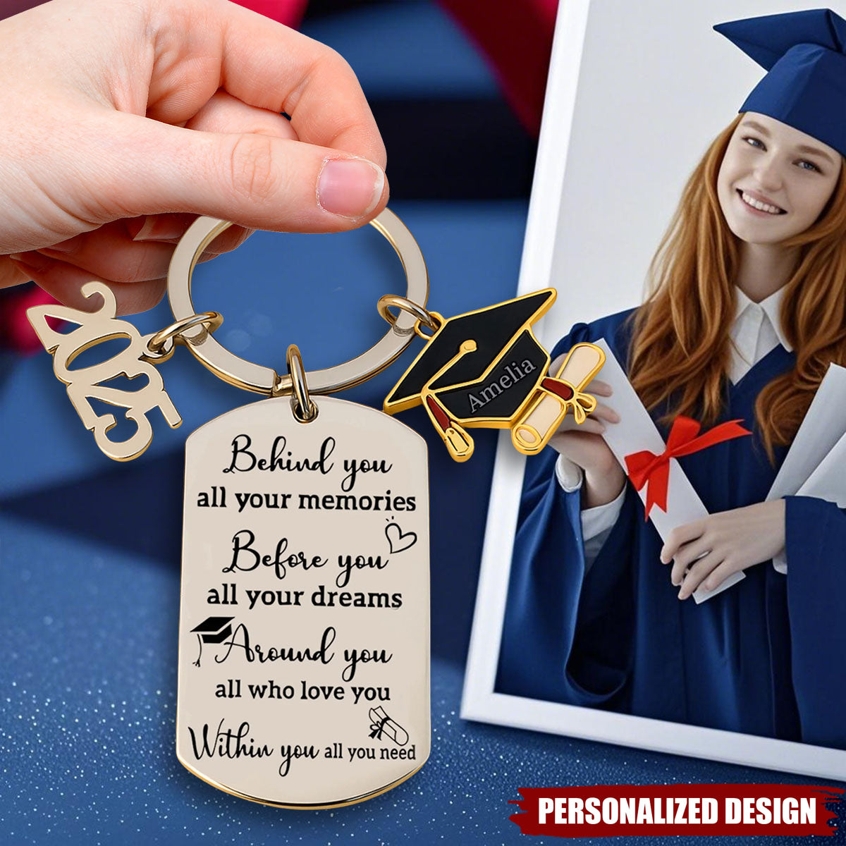 Memories Behind, Dreams Ahead, Love All Around - Family Personalized Engraved Graduation Keychain
