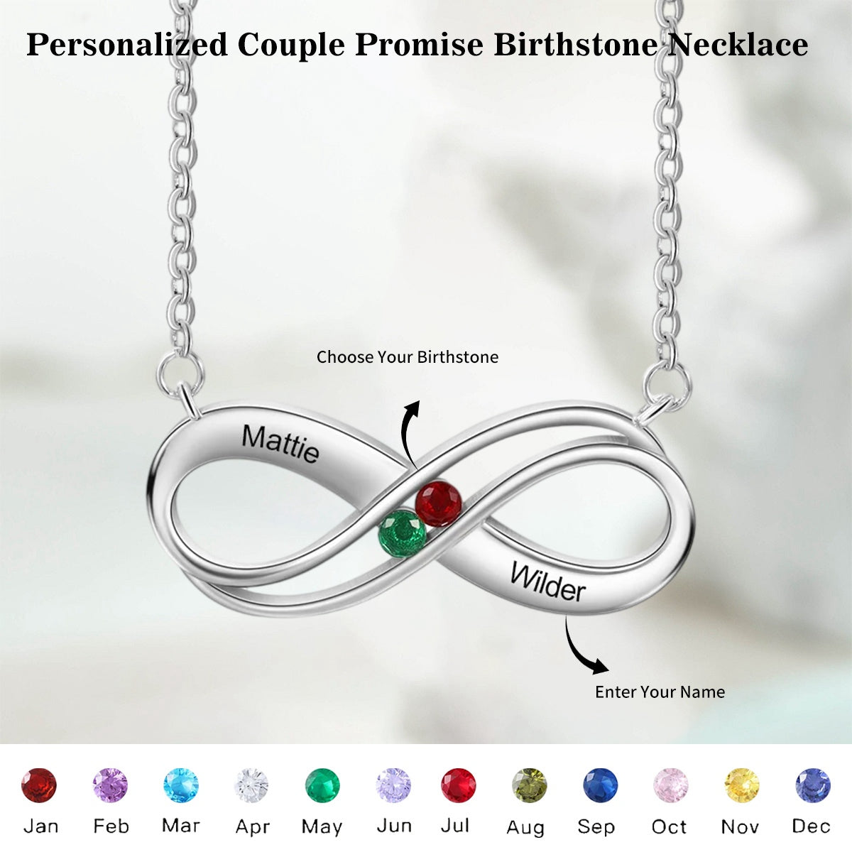 Personalized Infinity Necklace with Birthstones, Couple Promise Necklace