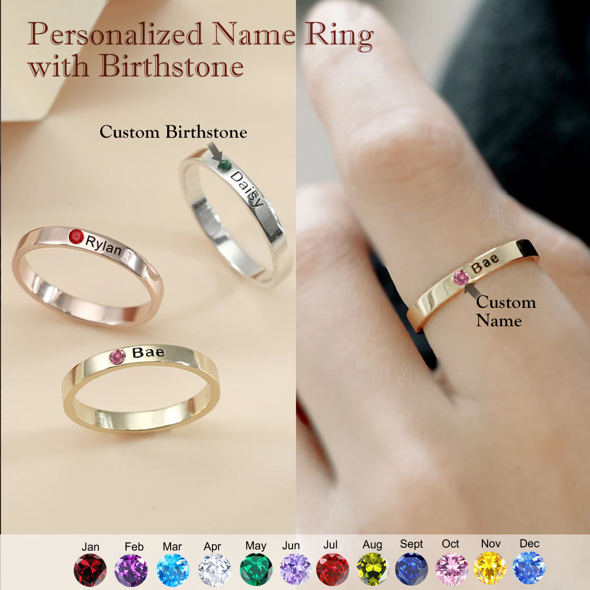 Personalized Name Ring With Birthstone, Gift For Her