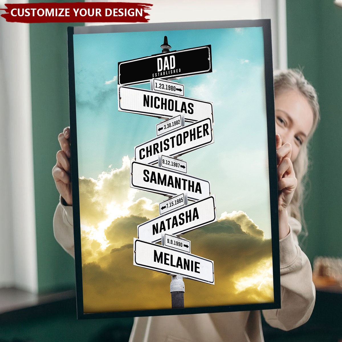 Personalized Dad Established, Kid Birth Date Name Street Sign Canvas Wall Art