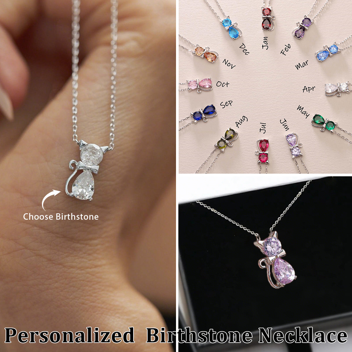 Personalized Birthstone Kitten Necklace For Women, Jewelry for Cat Lovers