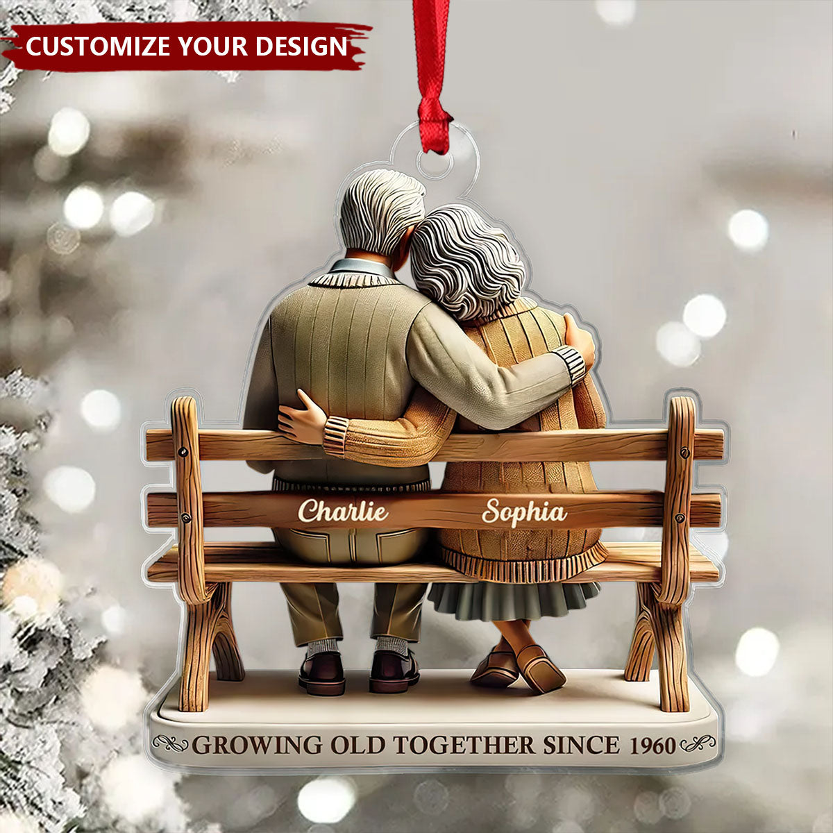 3D Effect Old Couple Sitting On Bench Growing Old Together Since Personalized Ornament