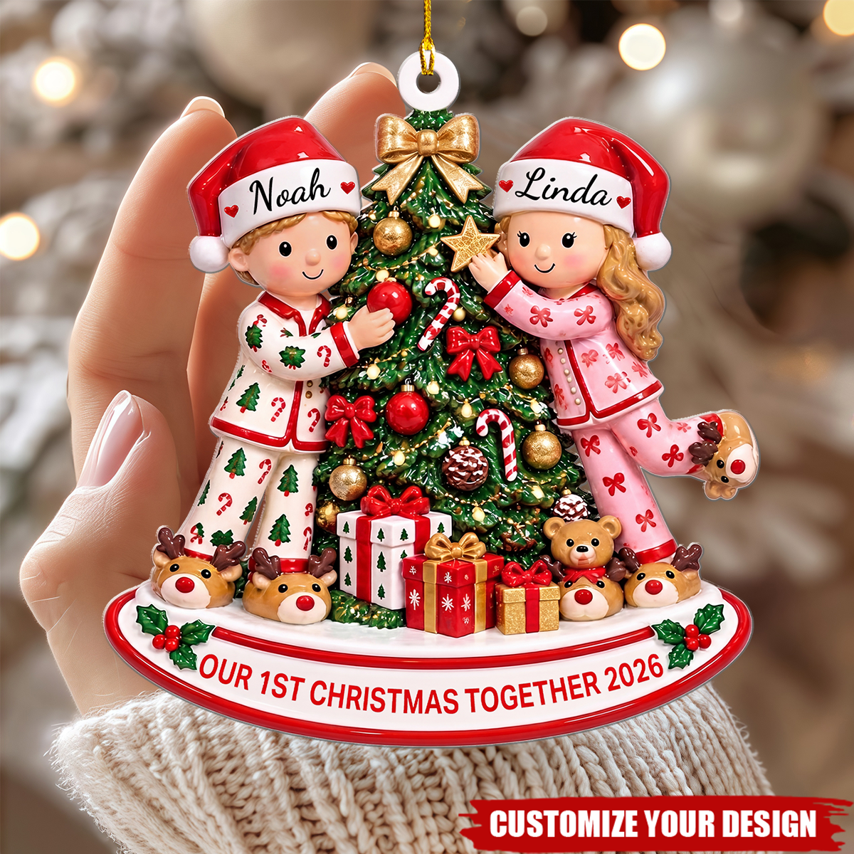 Personalized Couple in Christmas Pajamas Acrylic Ornament