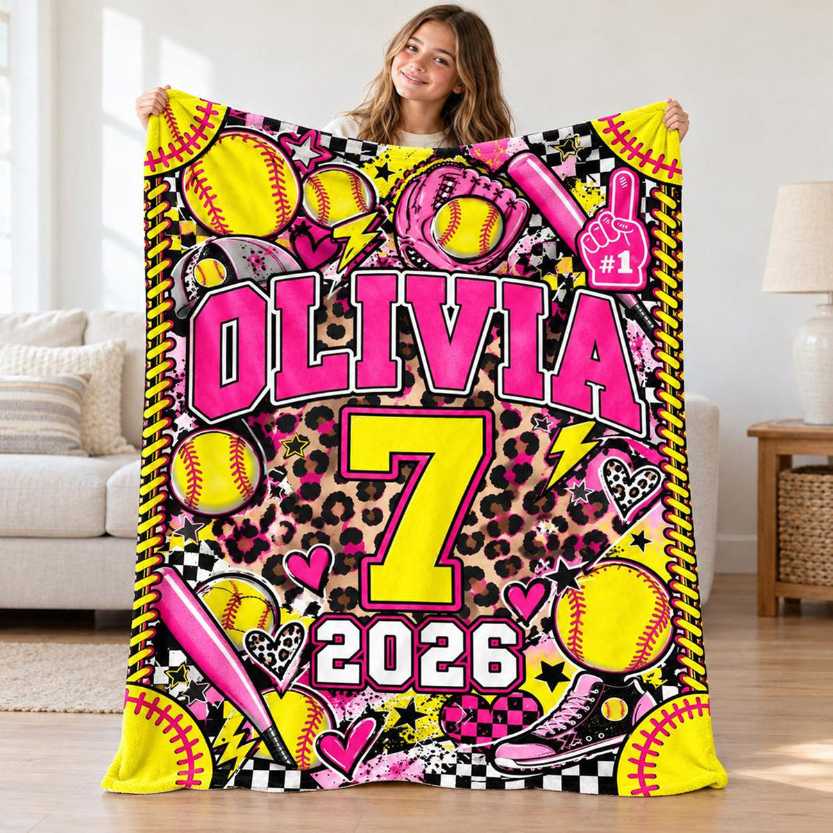 Personalized Softball Girl Blanket, Custom Name & Player Number Gift