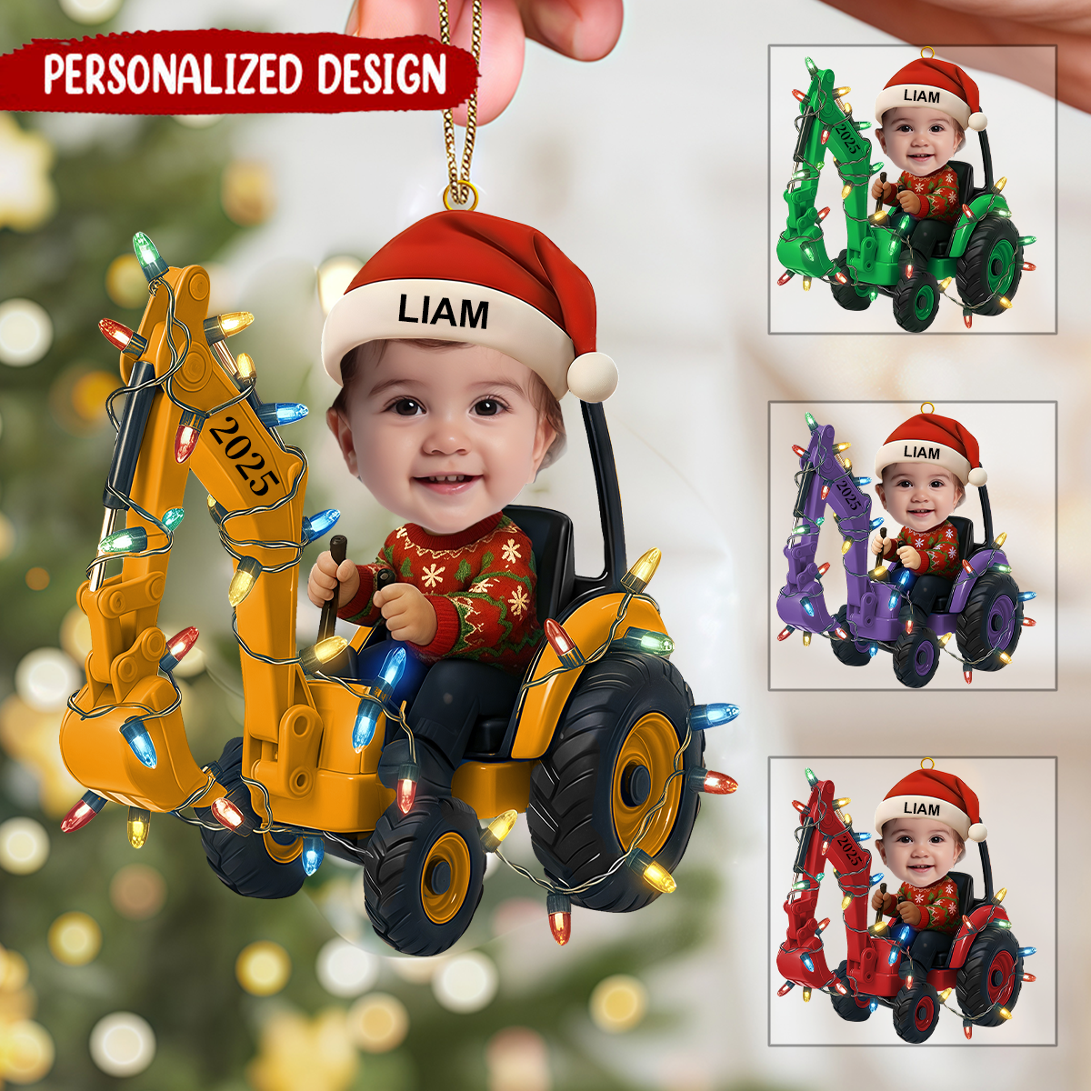 Personalized 3D Effect Little Kid With Construction Vehicle Ornament