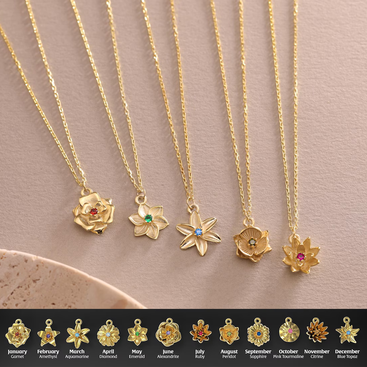 Personalized Custom Birth Flower Necklace With Birthstone, Gift For Her