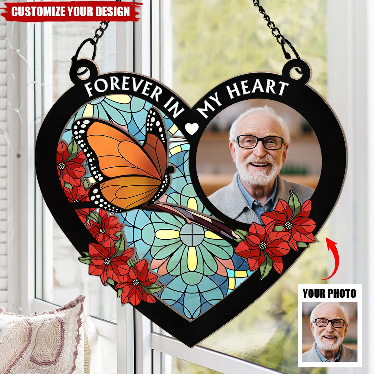 Custom Photo Memorial Heart - Personalized Window Hanging Suncatcher Ornament