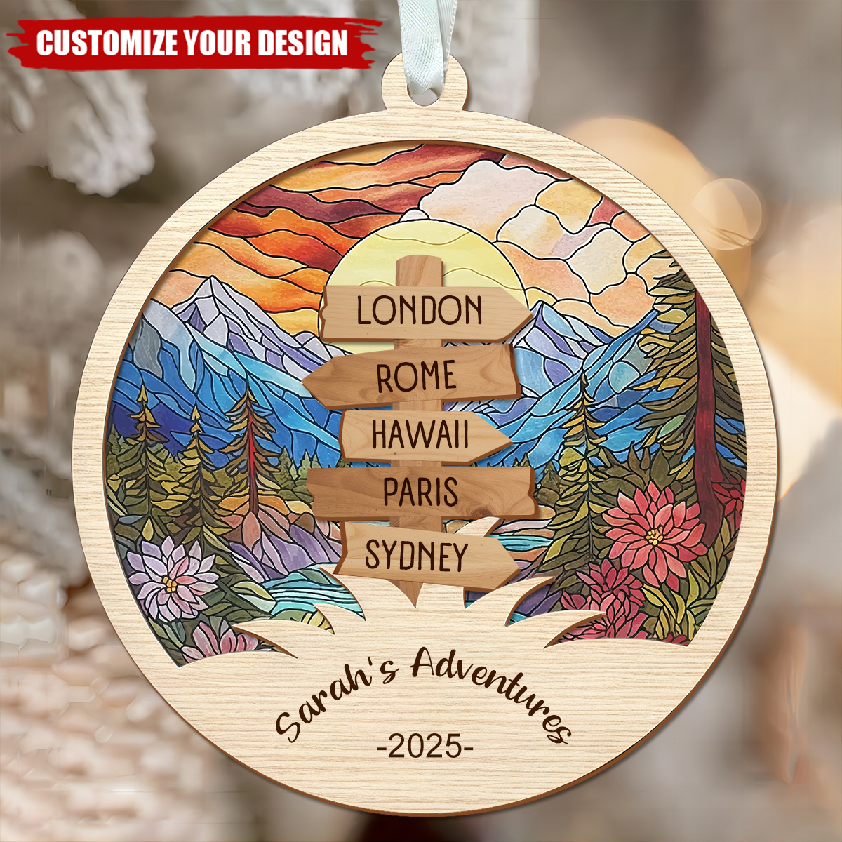Personalized Travel Adventure 2 Layered Wooden Christmas Ornament