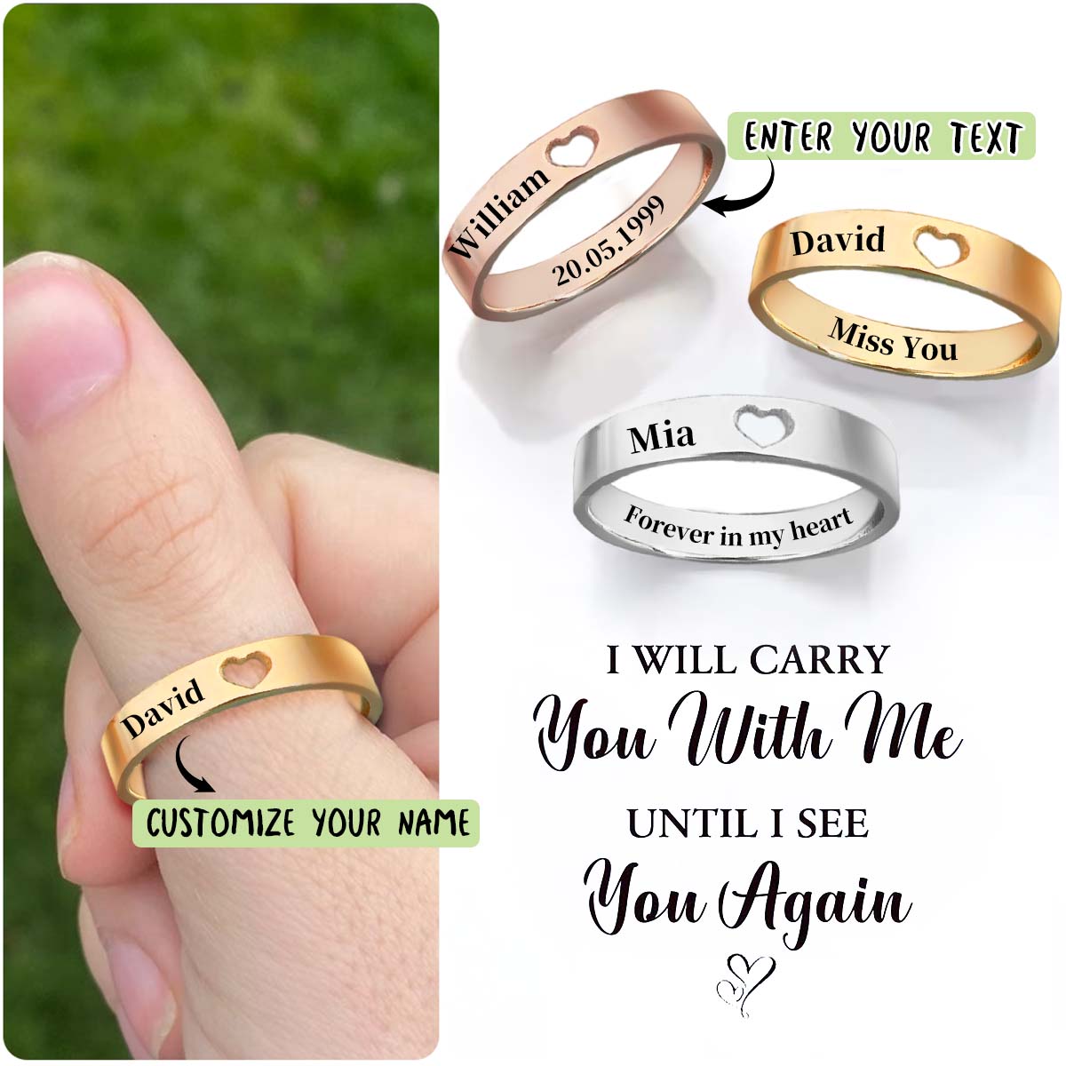 Personalized I Will Carry You With Me Until I See You Again Memorial Ring