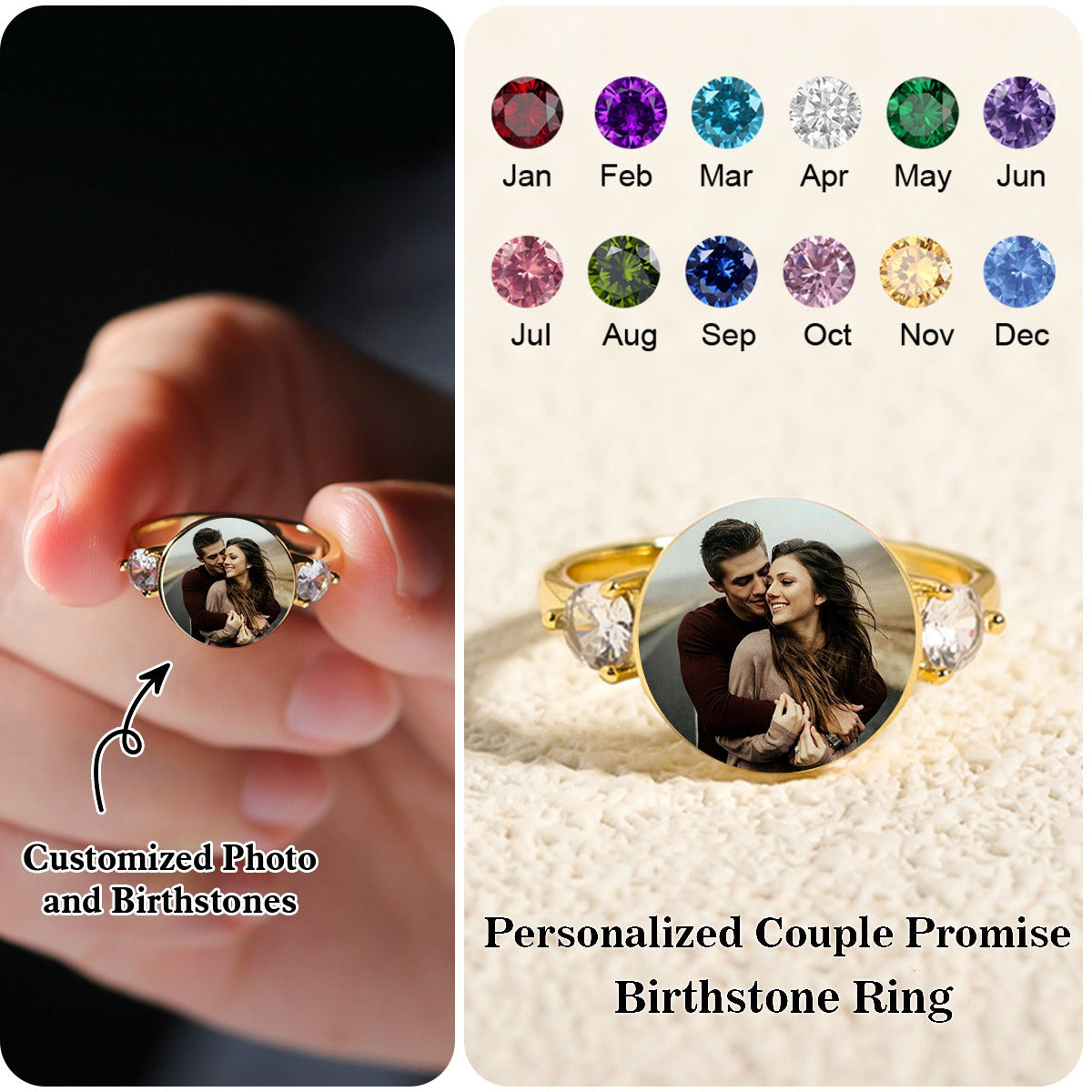Personalized Upload Photo Couple Promise Birthstones Ring - HAPPARY