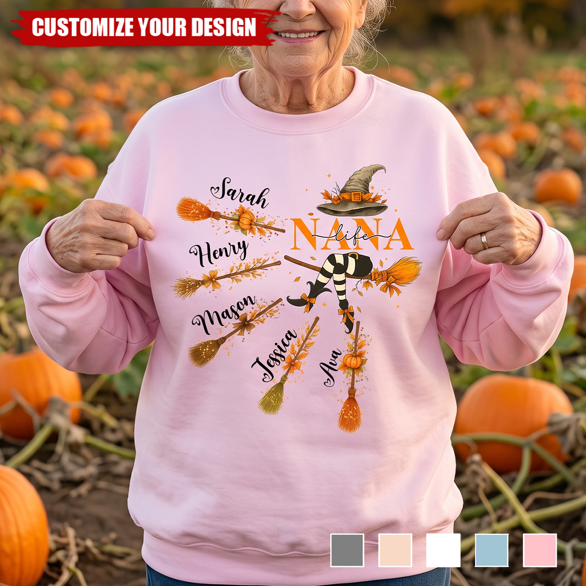 Custom Halloween Grandma Shirt, Funny Witch Broom Tee With Pumpkin Fall