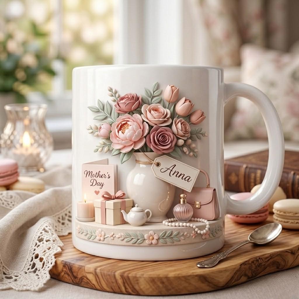 Personalized Mother's Day Ceramic Mug, Custom Floral Coffee Cup