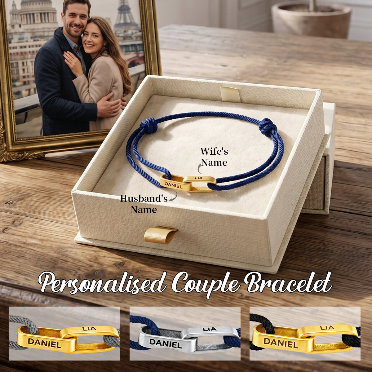 Custom Engraved Couple Bracelets, Personalized Name/Date Cord Bracelet