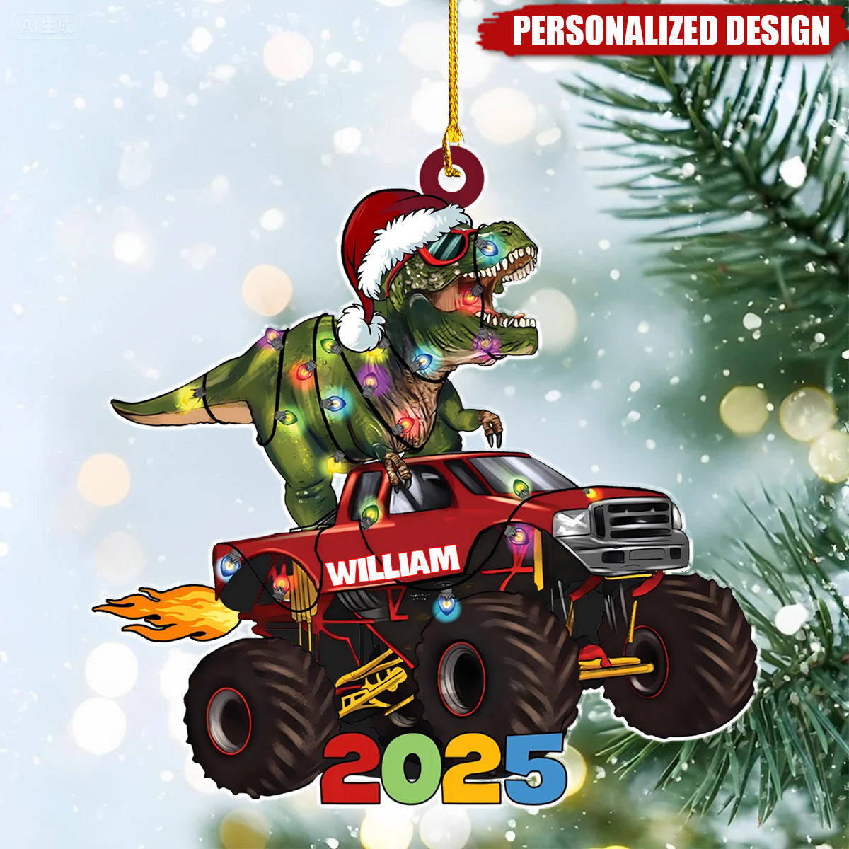 Dinosaur With Christmas Light - Personalized Acrylic Ornament, Christmas Gift For Kids