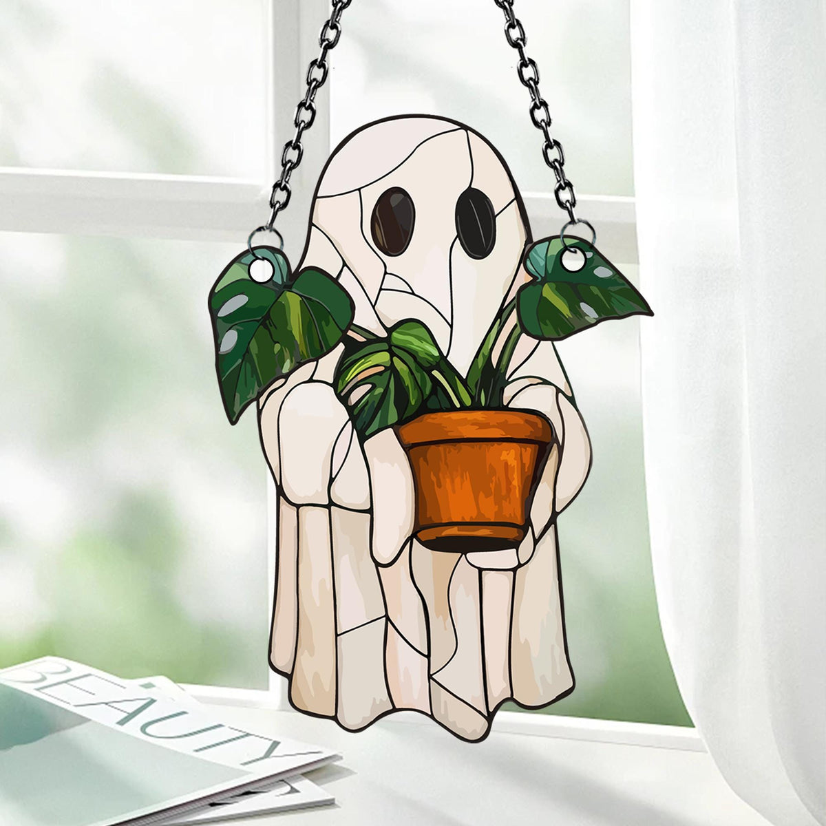 Cute Ghost Plant Suncatcher, Ghost and Monstera Acrylic Ornament