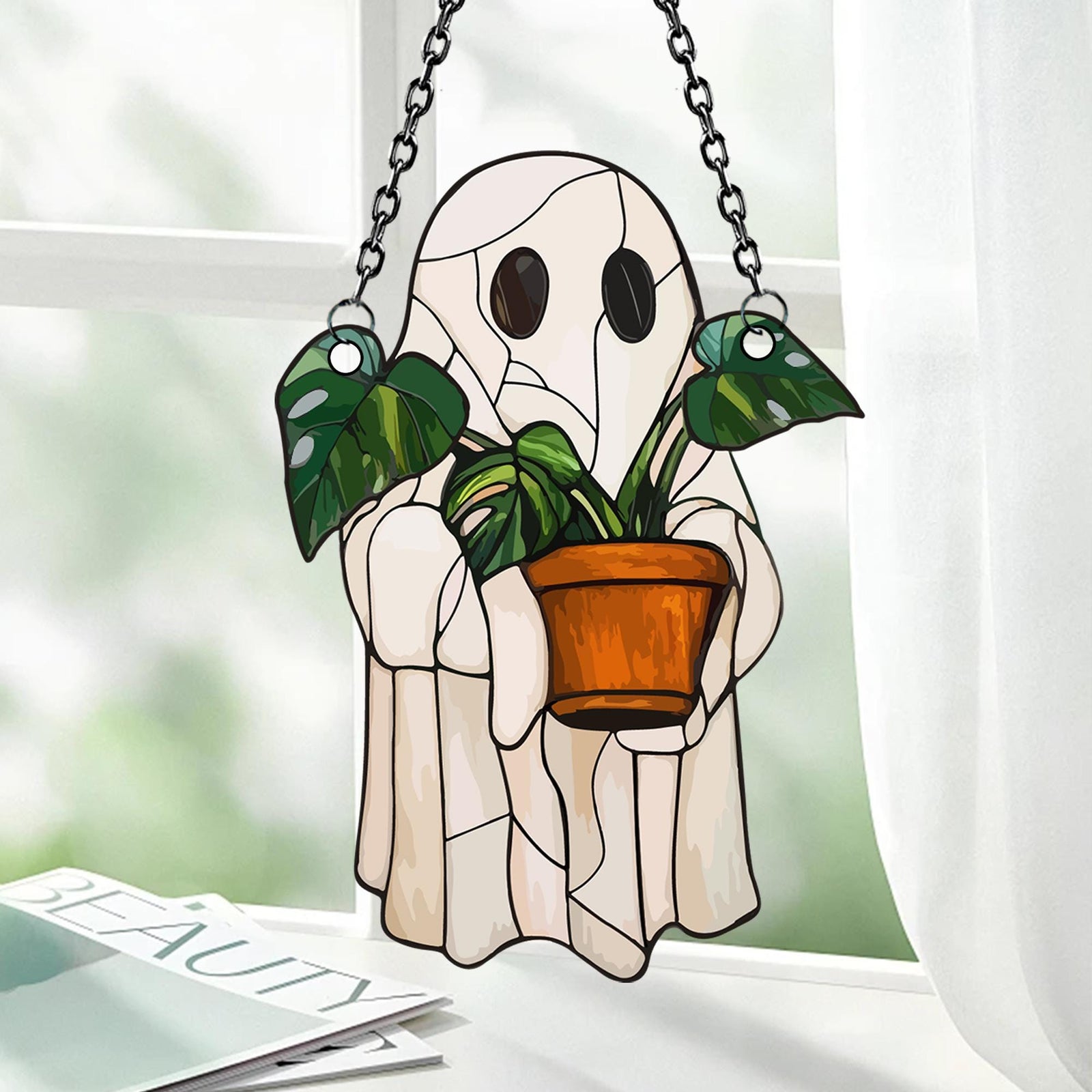 Cute Ghost Plant Suncatcher, Ghost and Monstera Acrylic Ornament