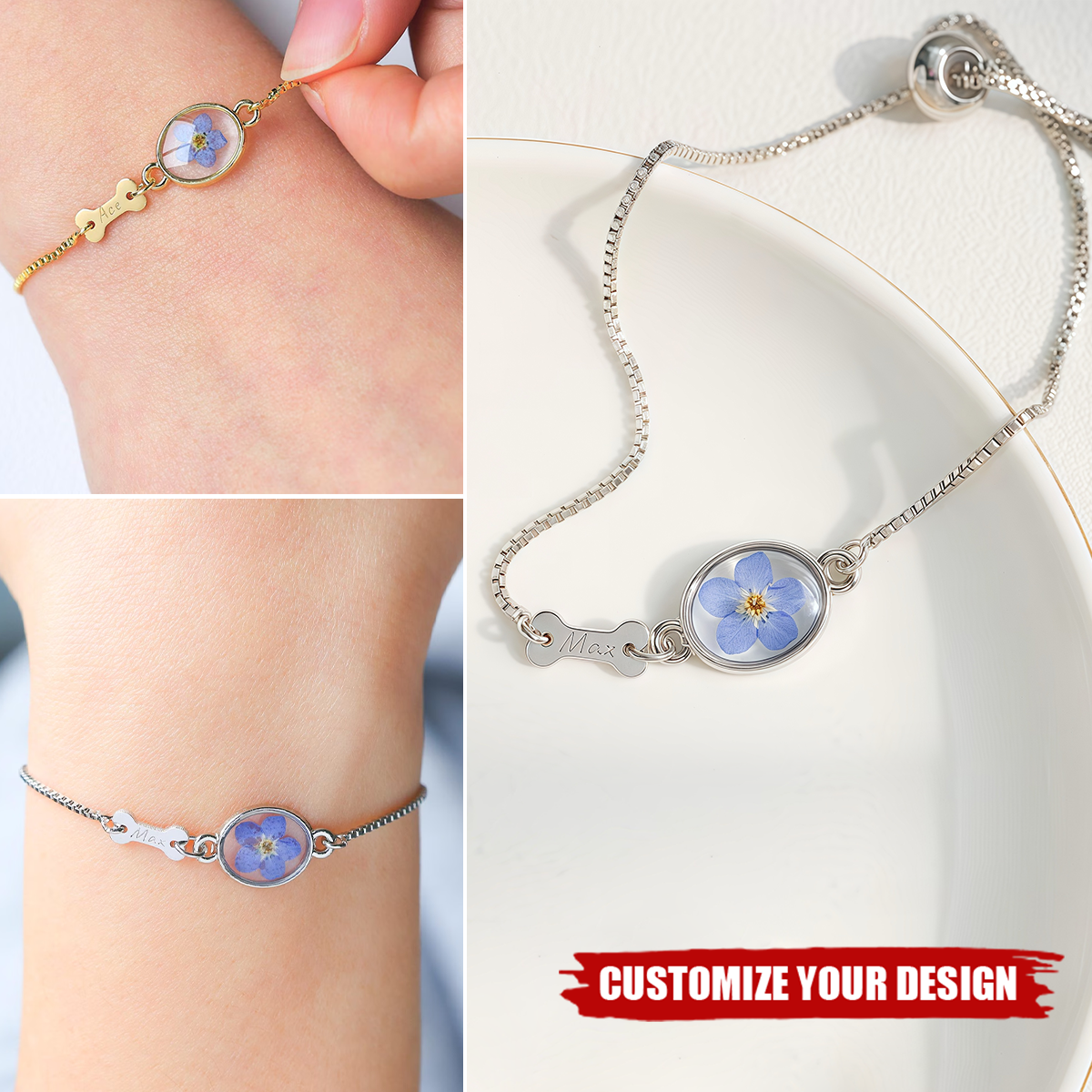 Forget Me Not Flower Dog Name Bracelet, Personalized Dog Memorial Gift