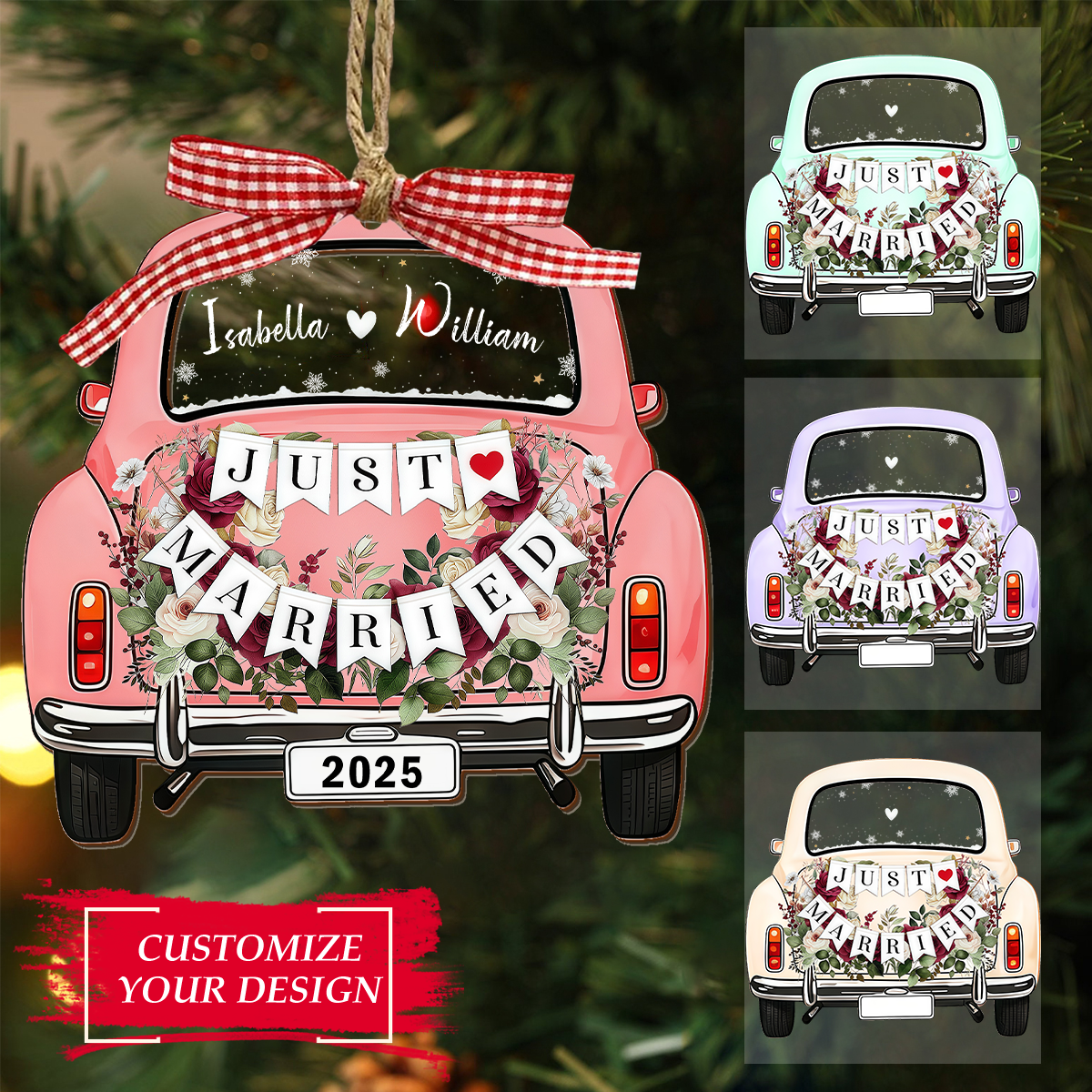 Personalized First Christmas Just Married Car Ornament