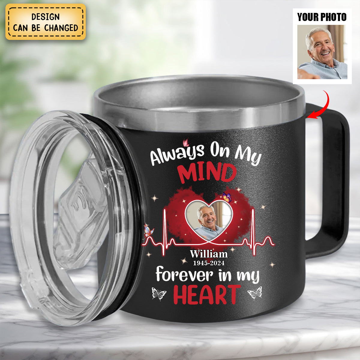 Memorial Upload Photo Personalized Custom 14oz Stainless Steel Tumbler With Handle