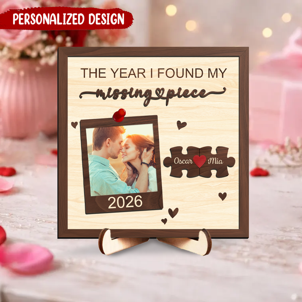 Personalized Missing Piece Custom Couples Photo Puzzle Name Wooden Plaque