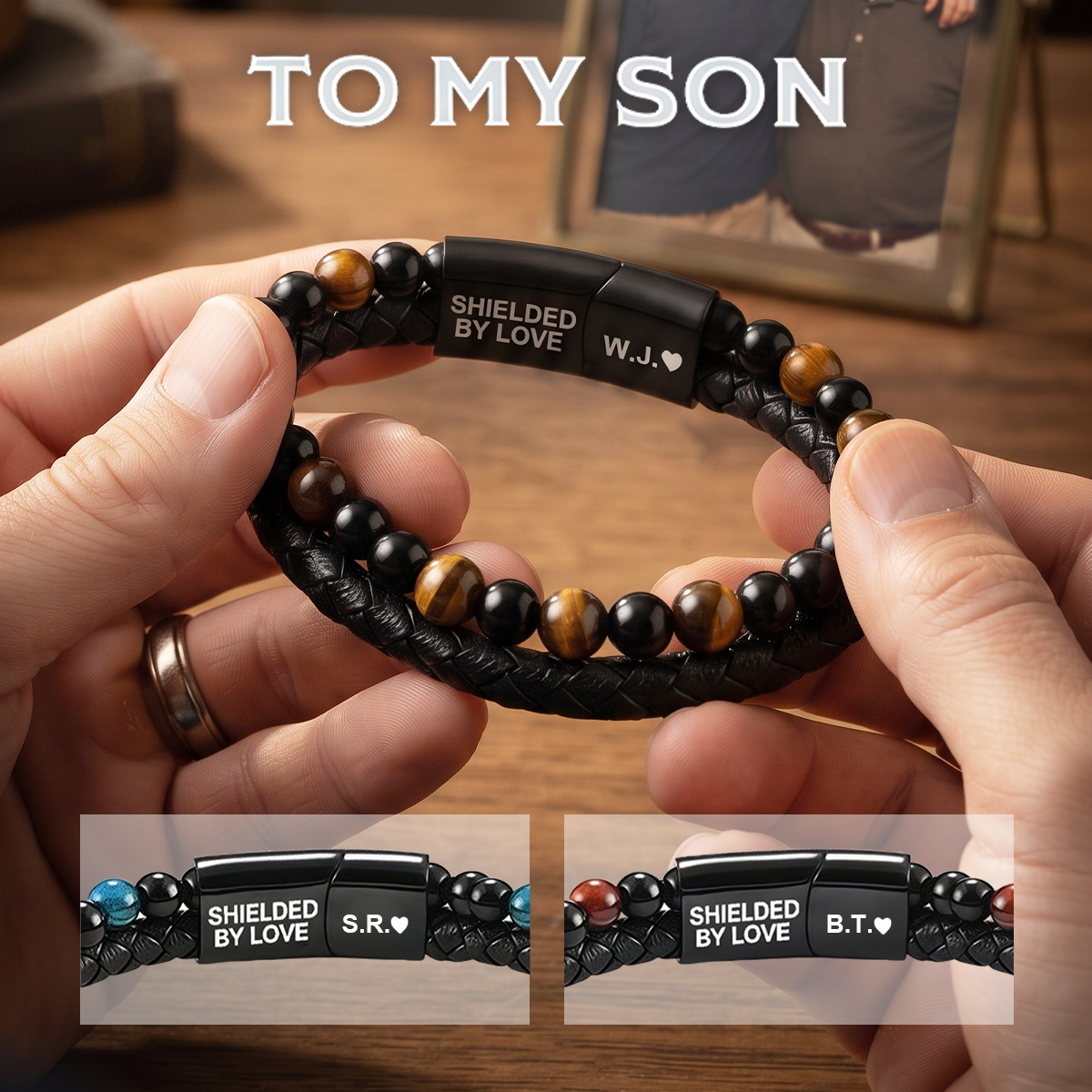To My Son Tiger Eye Leather Bracelet, Custom Engraved Magnetic Clasp Men's Gift