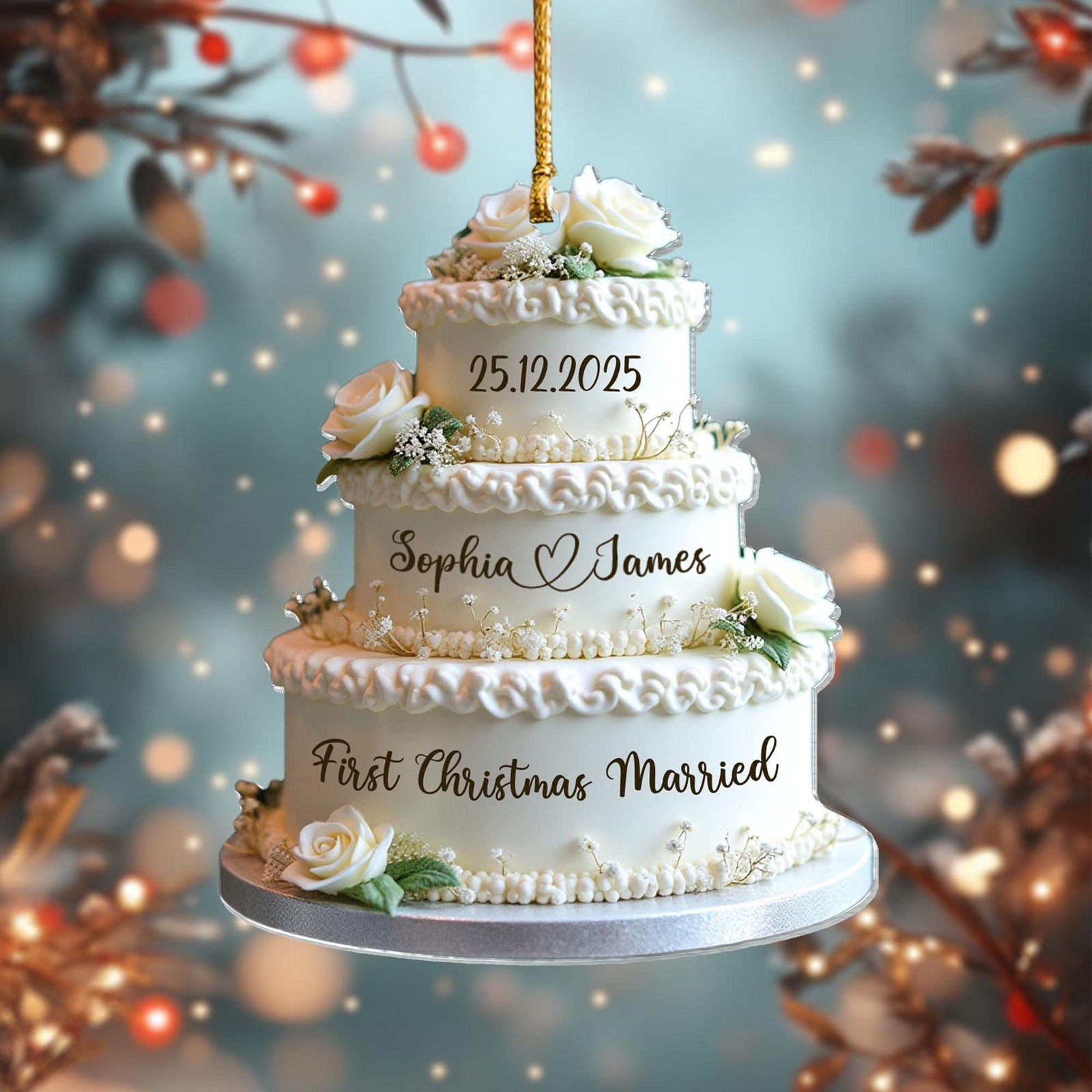 Personalized Wedding Cake First Christmas Married 2D Flat Ornament