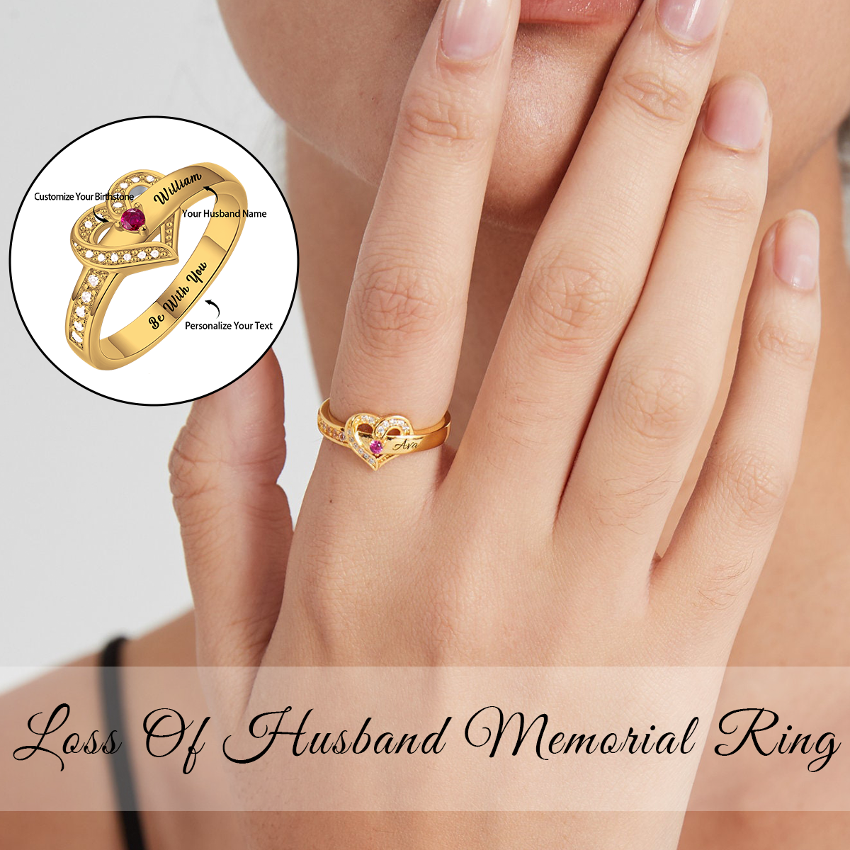 Personalized Name Heart Promise Birthstone Memorial Ring - HAPPARY