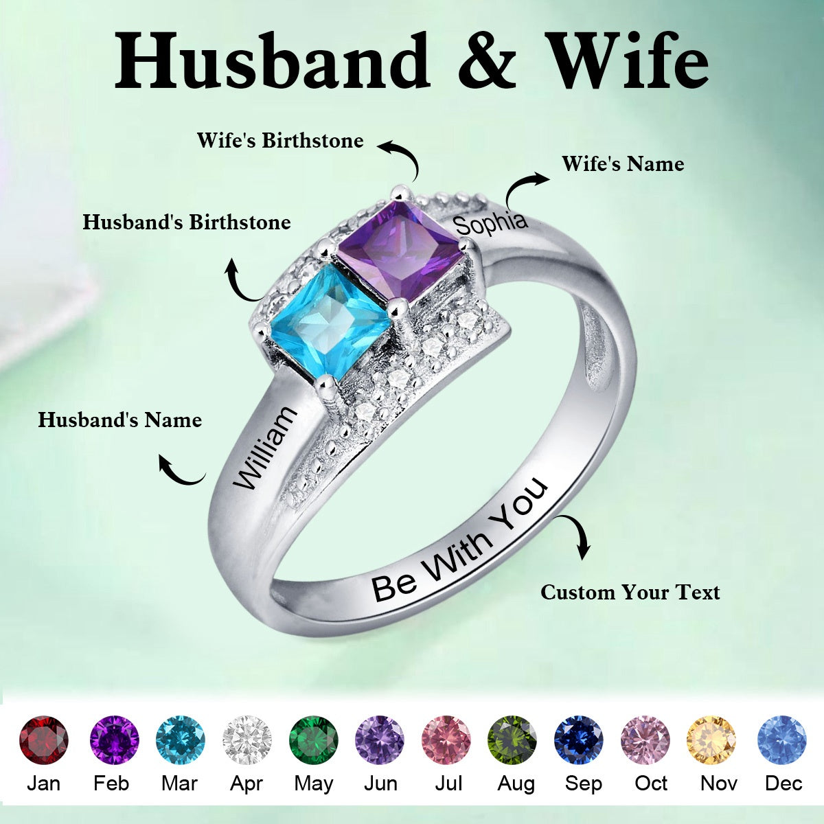 Personalized Name Birthstones Ring - Promise Gift For Couples
