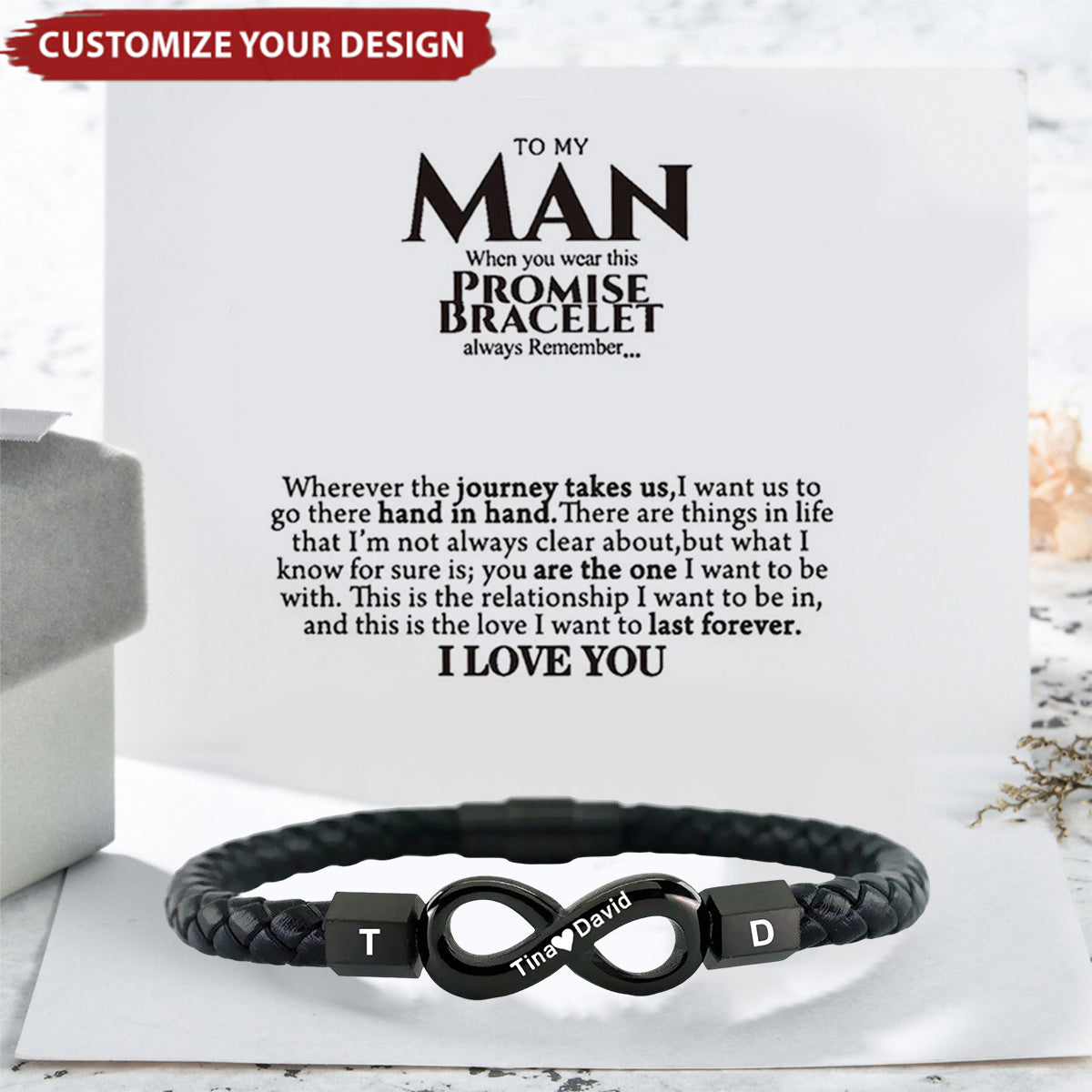 Personalized Infinity Leather Bracelet For Couples - Custom Dual Name Stainless Steel Braided Bracelet
