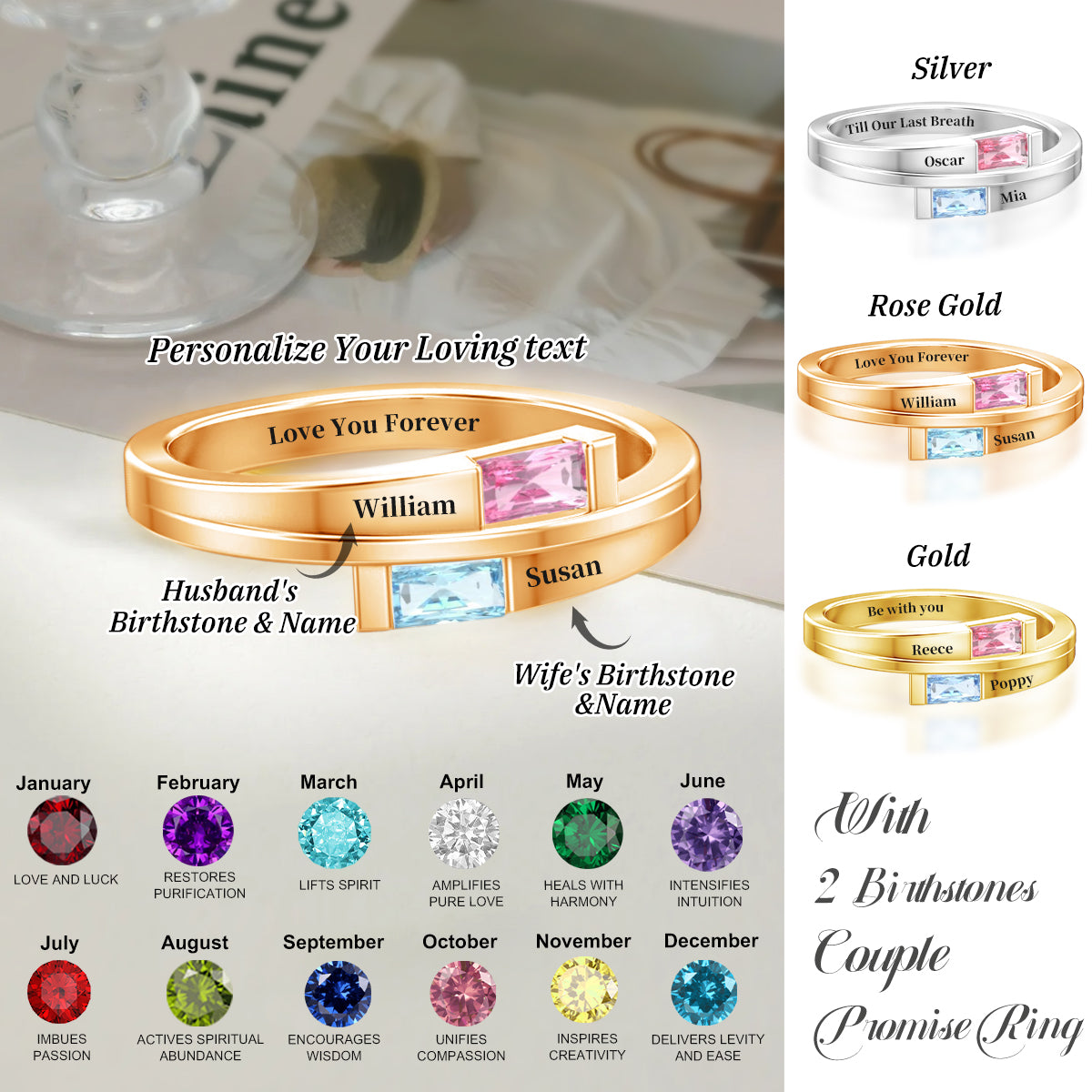 Personalized Birthstones Promise Ring,Gift For Couple - HAPPARY