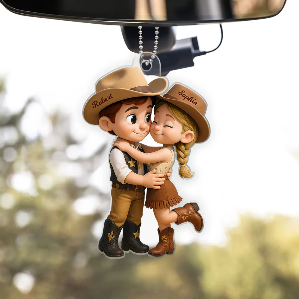 Cartoon Style Countryside Couple Cowboy Cowgirl Car Accessories Personalized Car Hanger Ornament