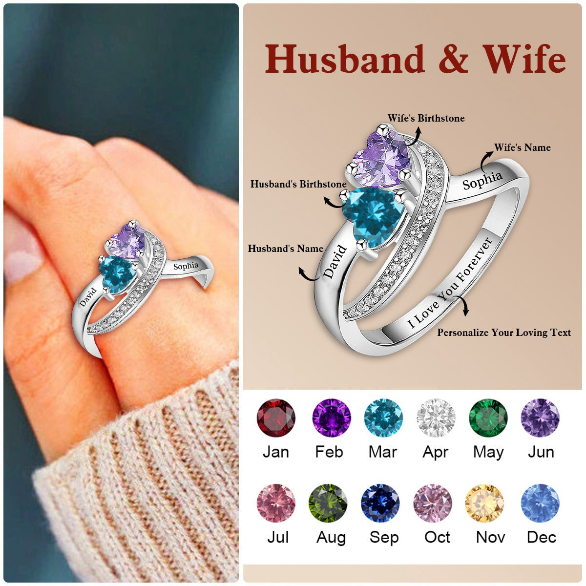 Personalized Name Promise Birthstones Ring For Couple - HAPPARY