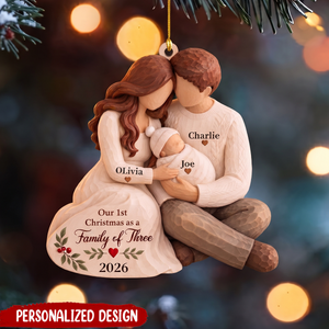 Personalized First Christmas Family of Three Wooden Ornament